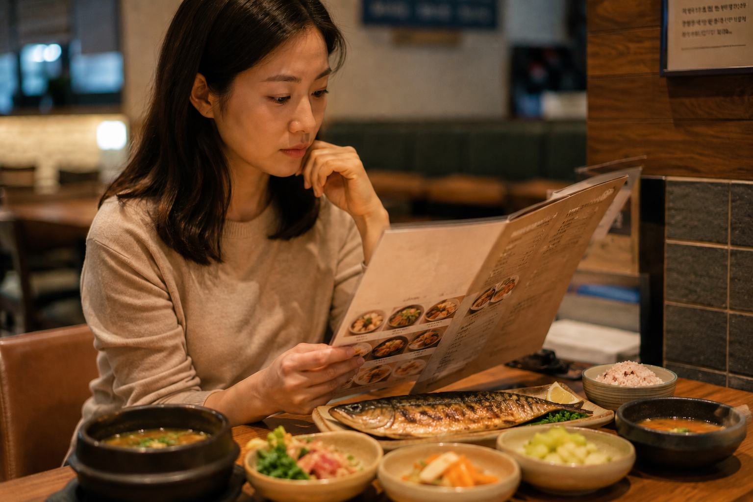 외식 자리에서 건강한 메뉴를 신중히 선택하는 여성