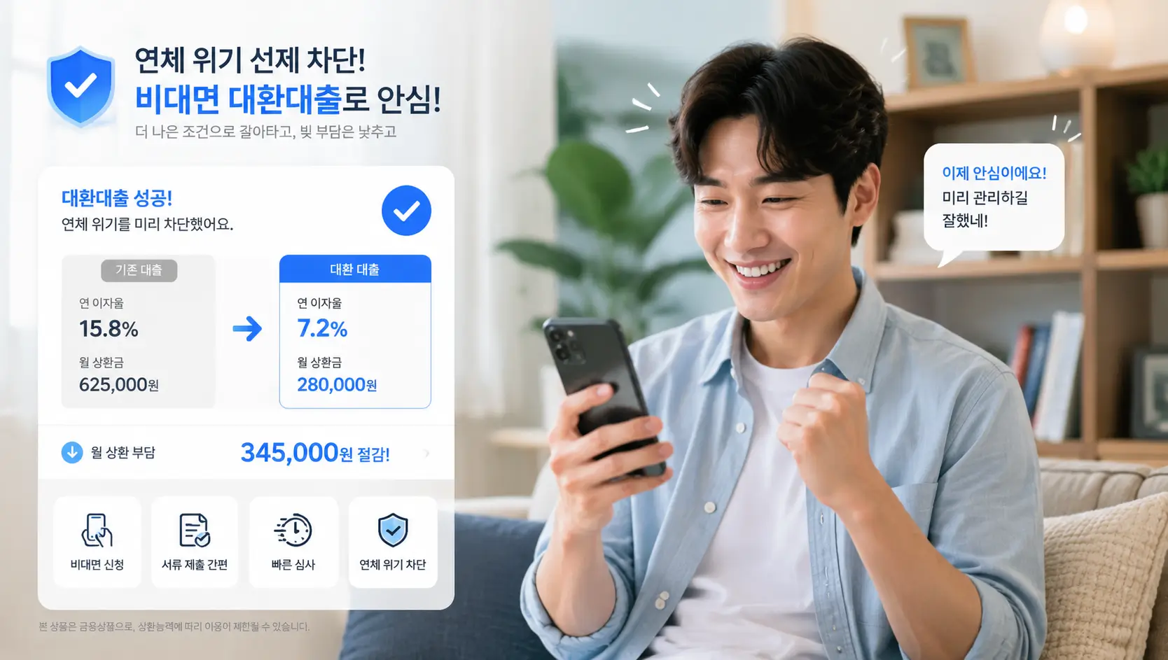 연체 위기를 선제적으로 차단하고 비대면 플랫폼으로 대환 대출을 확보하여 안도하는 차주의 모습