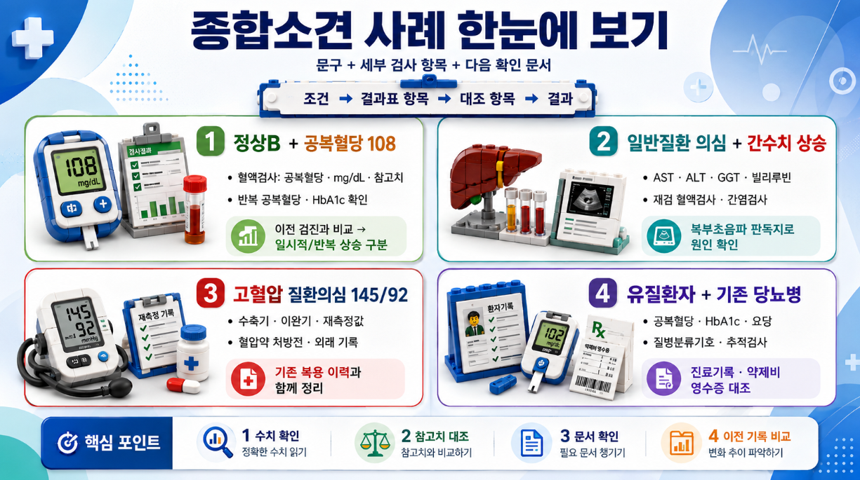 정상B, 일반질환 의심, 고혈압 질환의심, 유질환자 사례별 종합소견 확인 흐름을 정리한 레고 스타일 인포그래픽
