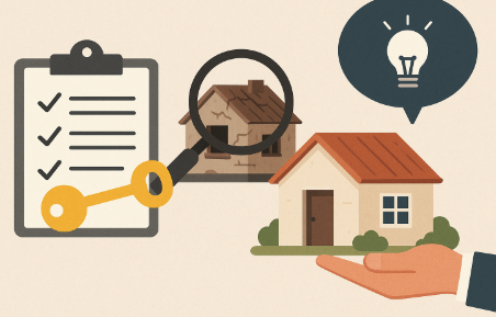 "농촌 빈집 구매 팁을 표현한 일러스트, 체크리스트와 열쇠, 돋보기를 통해 노후 주택을 확인하는 장면과 관리된 주택이 함께 배치된 디자인"