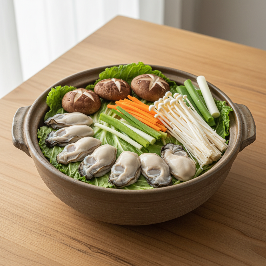 싱싱한 굴과 배추, 버섯이 예쁘게 담긴 굴배추전골 전골냄비