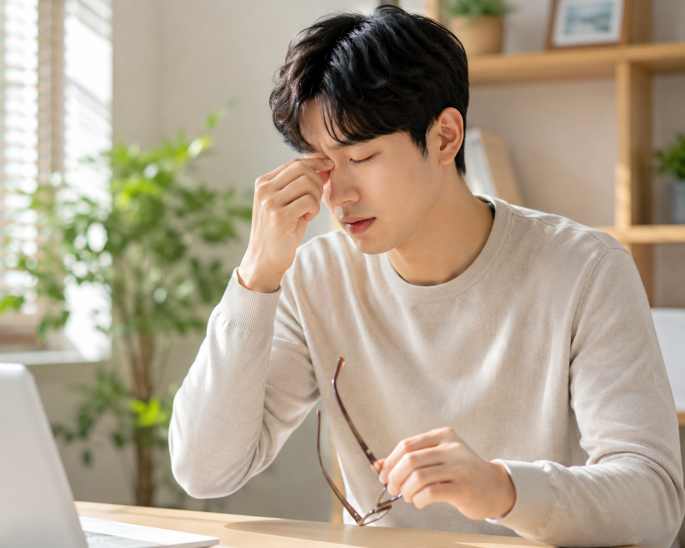 눈 떨림과 피로감을 느끼는 성인의 모습