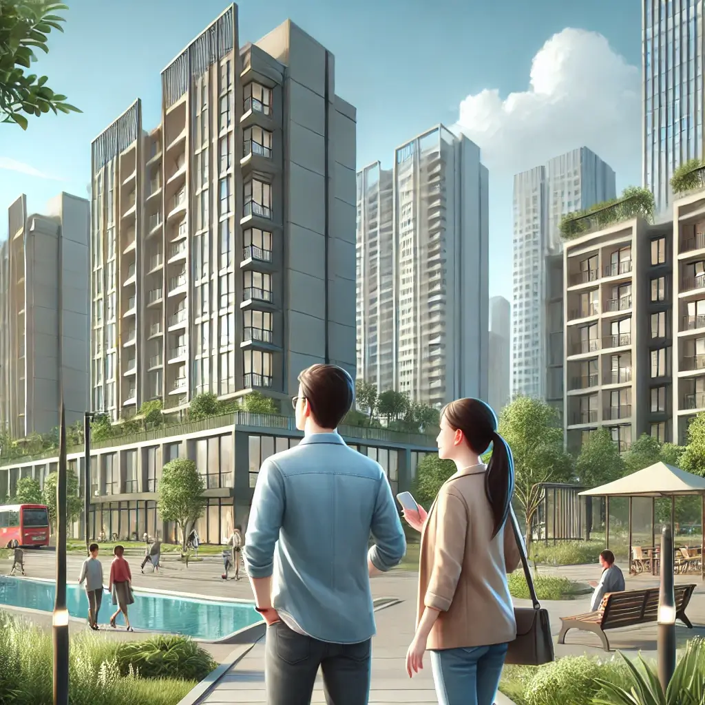 아파트 주변을 둘러보는 부부의 모습