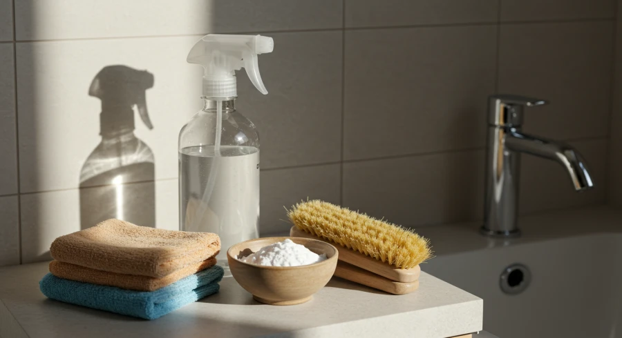 베이킹소다, 식초를 비롯한 청소를 위한 용품을 준비해둔 모습