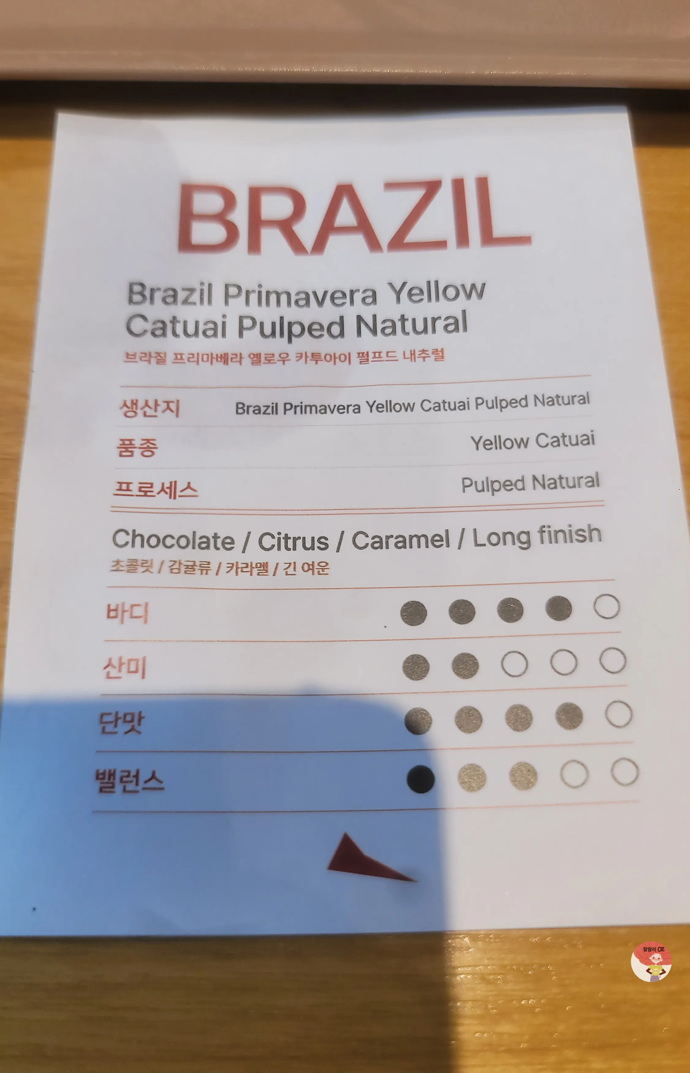 브라질 프리마베라 옐로우 카투아이 커피 정보 카드, 맛 프로파일과 평가 점 표시