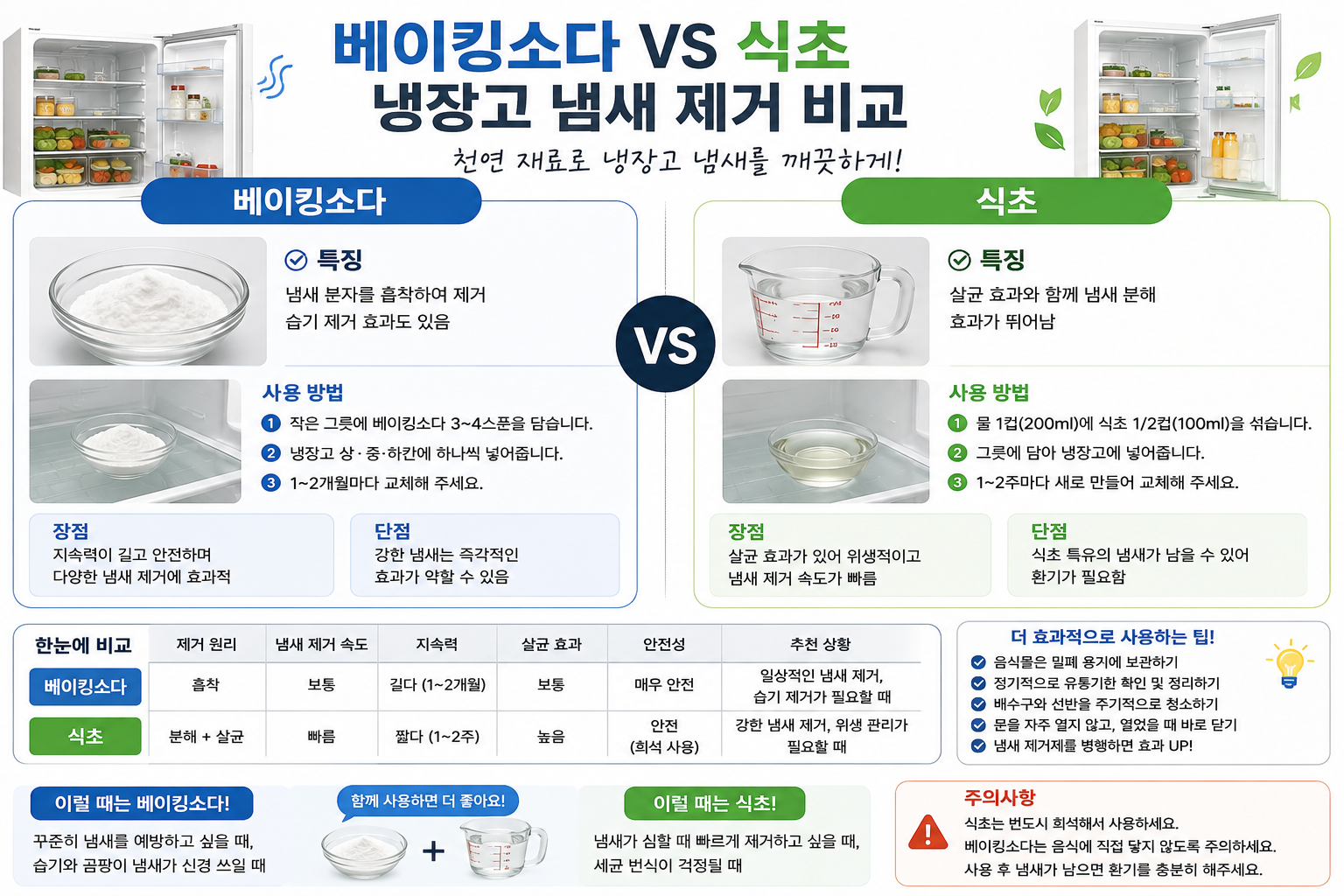 베이킹소다와 식초를 이용한 냉장고 냄새 제거 방법 비교 이미지