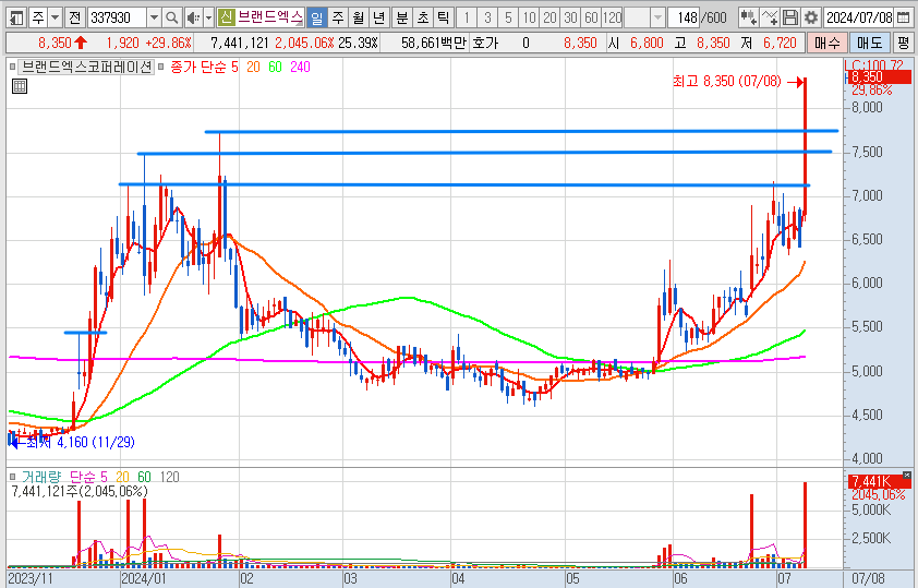 브랜드엑스코퍼레이션 주가 일봉 차트 분석