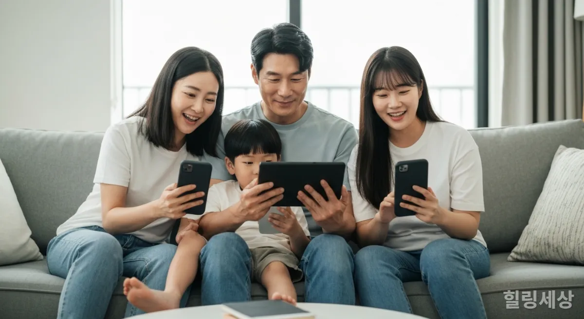 각자 스마트폰과 태블릿으로 여행 정보를 검색하는 한국인 MZ세대 가족의 모습