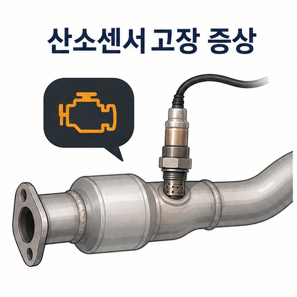 자동차 배기라인의 산소센서와 계기판 엔진경고등을 이용해 산소센서 고장 증상을 소개하는 그림