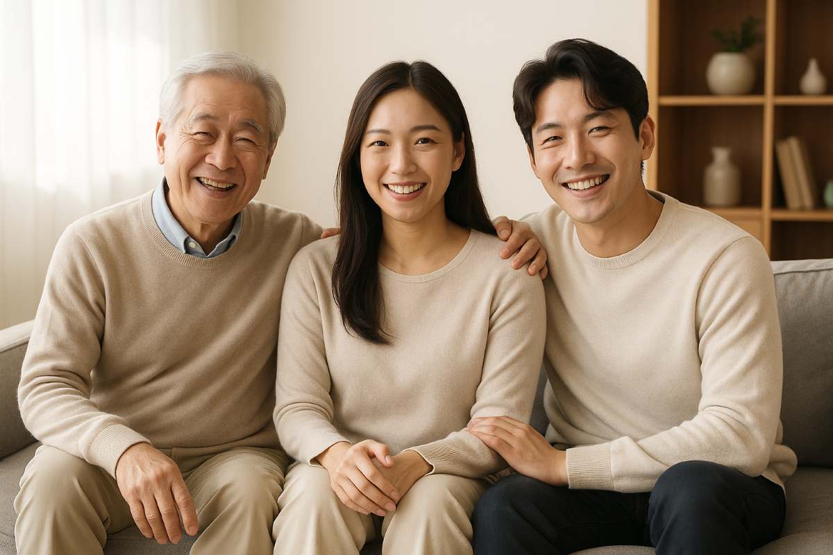 가족이 함께 앉아 웃는 모습