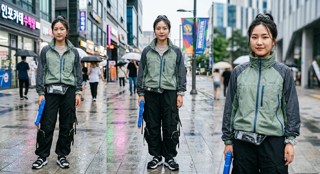 세련된 컬러감의 경량 고프코어 바람막이 착용 컷