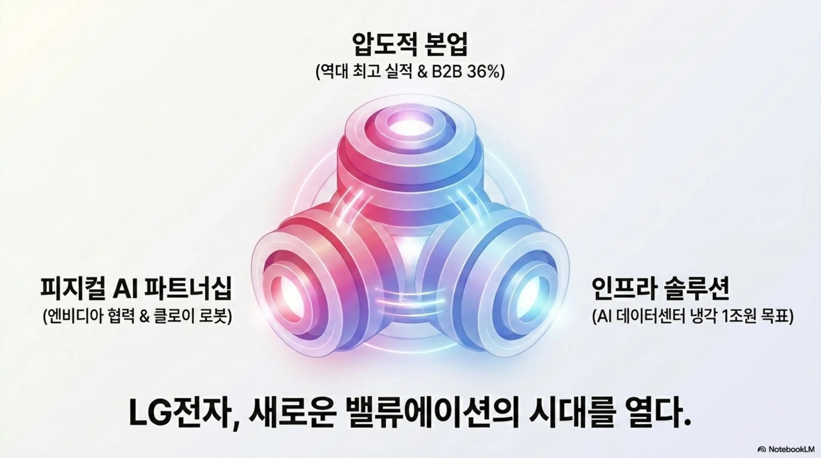 LG전자 밸류에이션 재평가의 세 축을 정리한 이미지. 역대 최고 실적과 B2B 36%의 압도적 본업 경쟁력 그리고 엔비디아 협력과 클로이드 로봇의 피지컬AI 파트너십 그리고 데이터센터 냉각 1조원 목표의 인프라 솔루션을 보여주며 LG전자 주가 전망 결론을 시각적으로 전달함