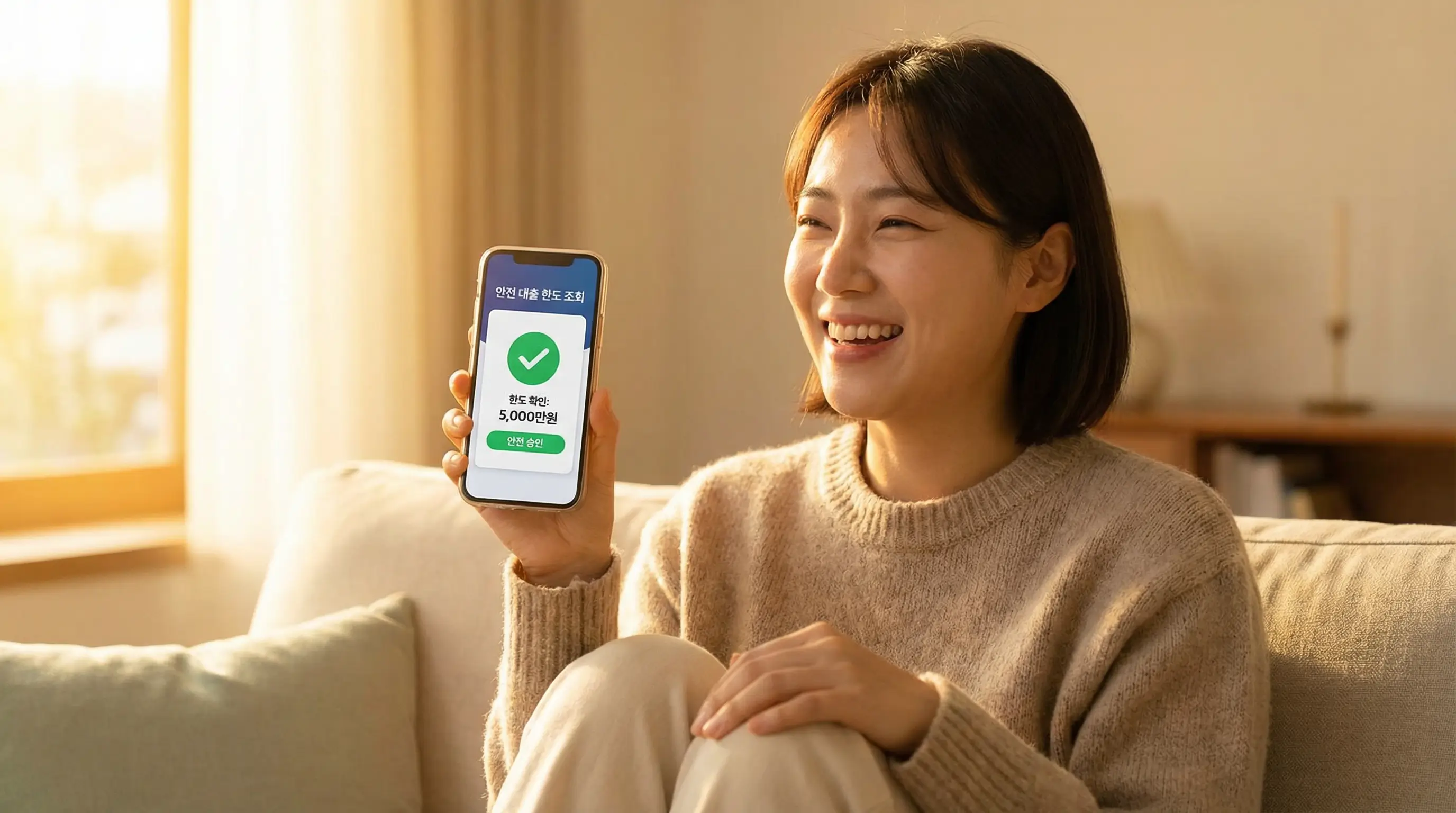 스마트폰으로 안전하게 대출 한도를 조회하고 안도하며 미소 짓는 사용자의 모습