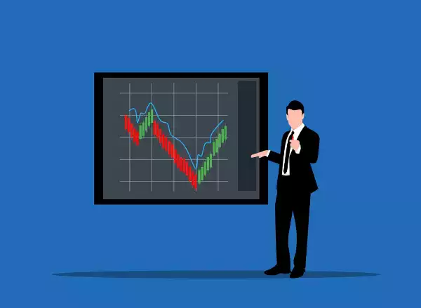 채권 시장 동향을 설명하는 비즈니스맨, 차트 그래프와 함께 채권 관련 프레젠테이션 이미지