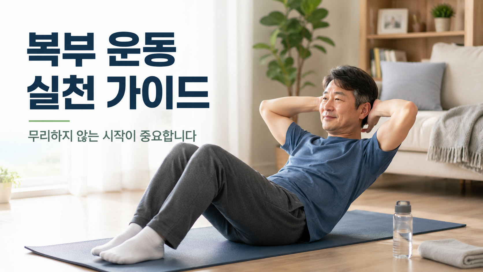 집에서 운동 매트 위에 누워 무리하지 않고 복부 운동을 하는 중년 남성