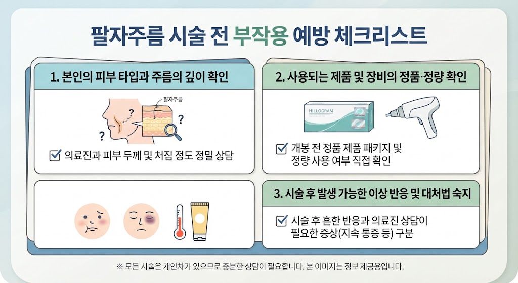 3D 여성 캐릭터가 한 손은 허리에 얹고 다른 손으로 '팔자주름 시술 전 부작용 예방 체크리스트'에 체크 표시를 하는 썸네일 이미지. 주변에 돋보기, 병원 마크, 계산기 아이콘이 떠다니며 '시술 후 이상 반응 및 대처법 숙지' 배지가 돋보인다.