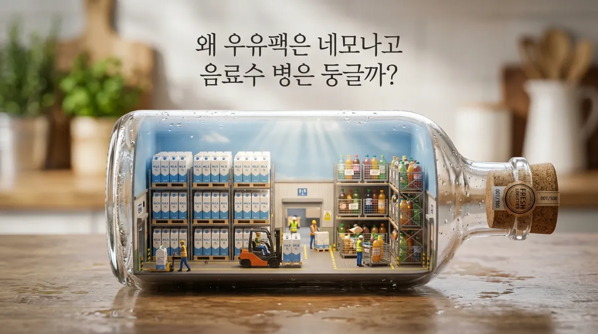 투명한 유리병 속 미니어처 물류 창고 세계, 빈틈없이 쌓인 사각형 우유팩과 틈새가 많은 원형 음료수 병 비교 디오라마