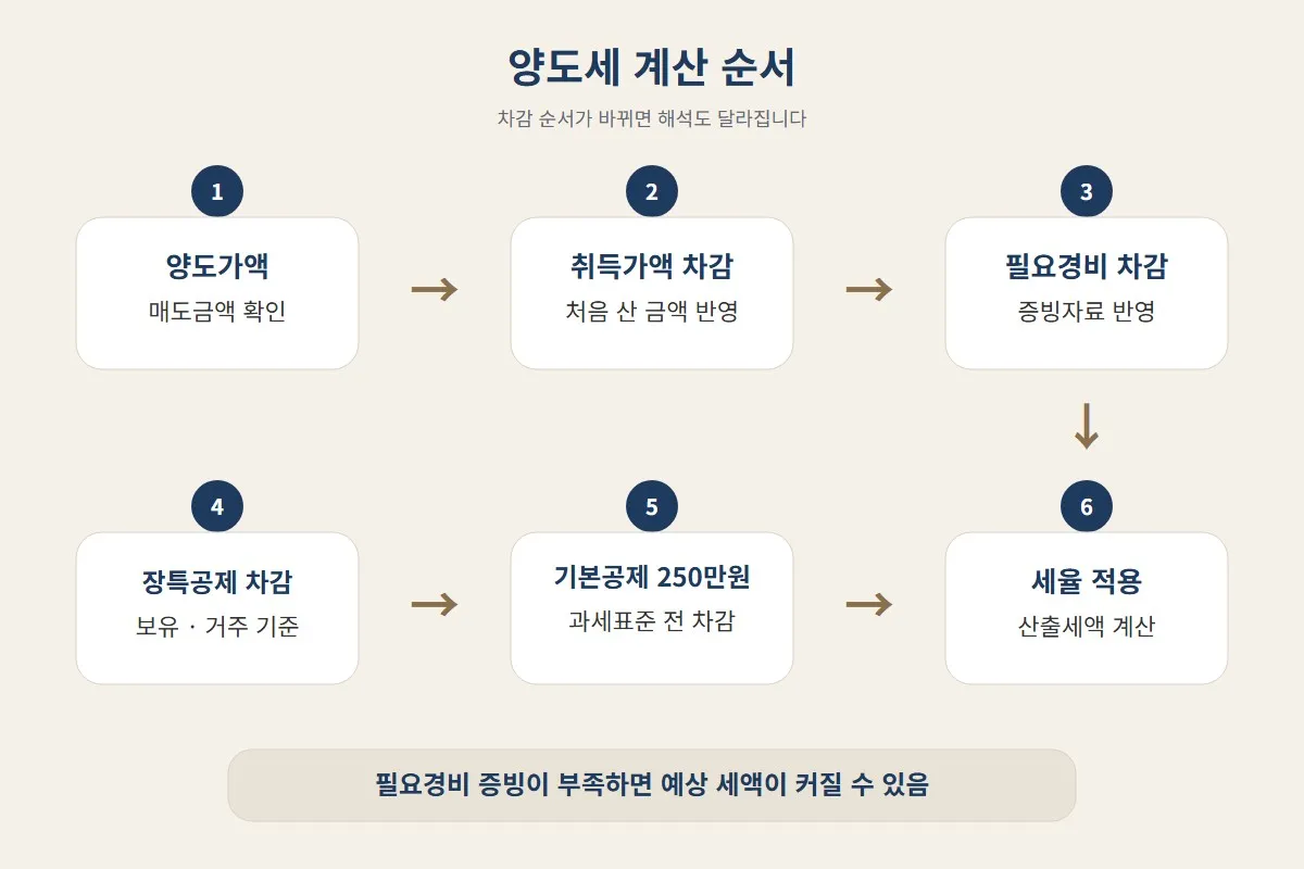 양도세 줄이려면 언제 팔아야 할까를 계산할 때 양도가액부터 세율 적용까지 차감 순서를 단계별로 확인하는 이미지