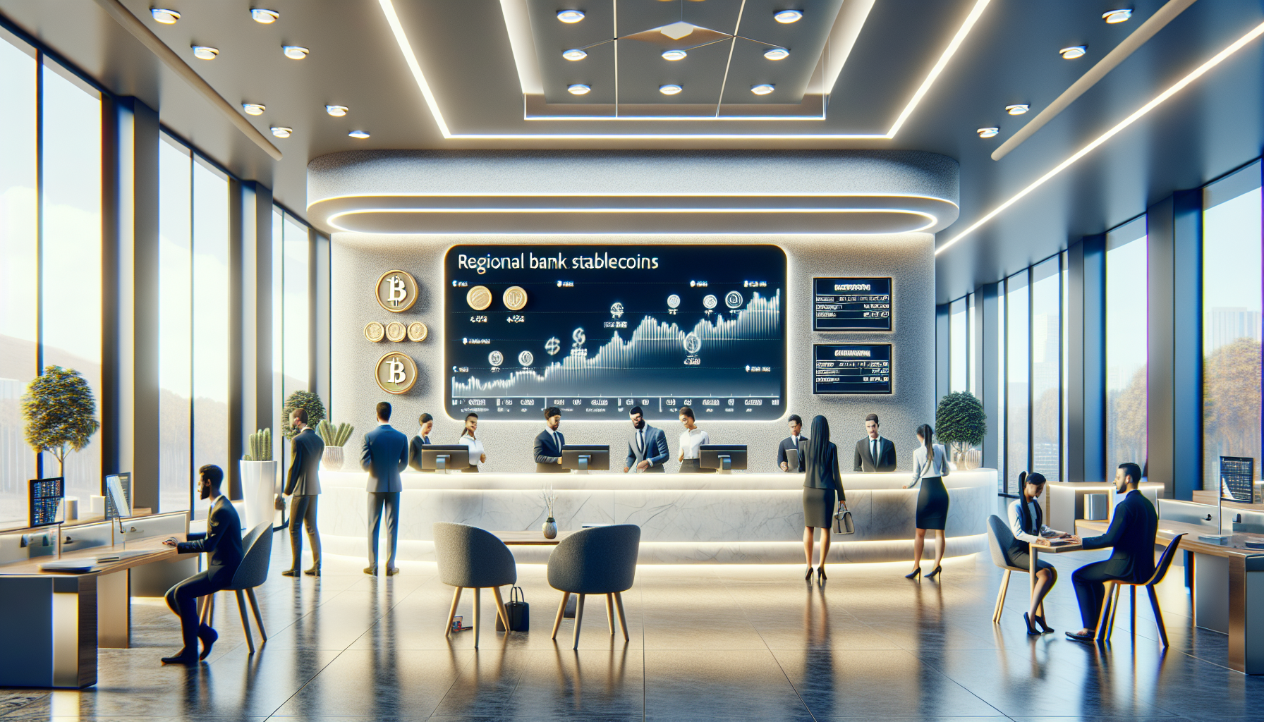 스테이블 코인과 지방은행의 관계를 나타내는 그래픽 – 디지털 화폐 아이콘과 지역 은행 건물이 연결된 이미지