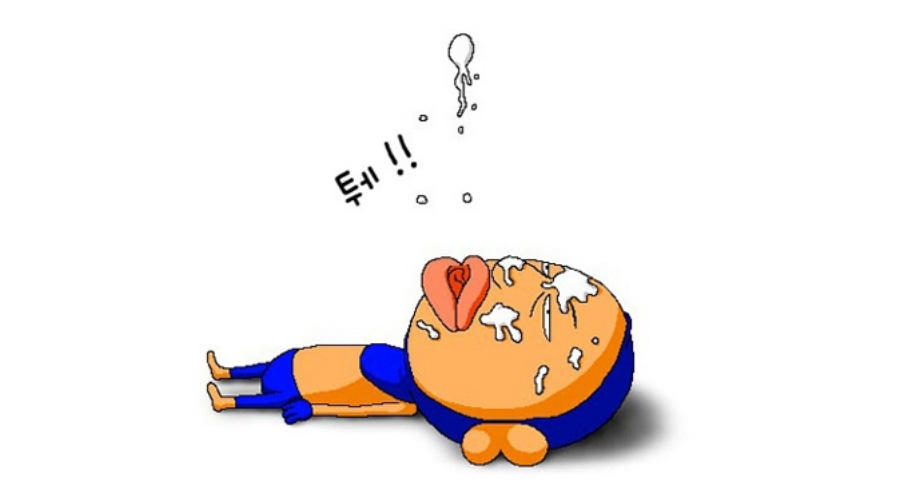 파란색 옷을 입은 사람이 하얀 바닥에 누워서 하늘을 향해 침을 뱉기를 하는데, 뱉은 침이 자기 얼굴에 그래도 다 떨어져 있는 것을 그린 그림