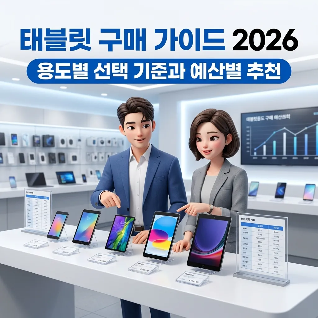 2026년 태블릿 구매 가이드 용도별 선택 기준과 예산별 추천을 설명하는 한국인 3D 캐릭터와 테크 컨설팅 공간 배경