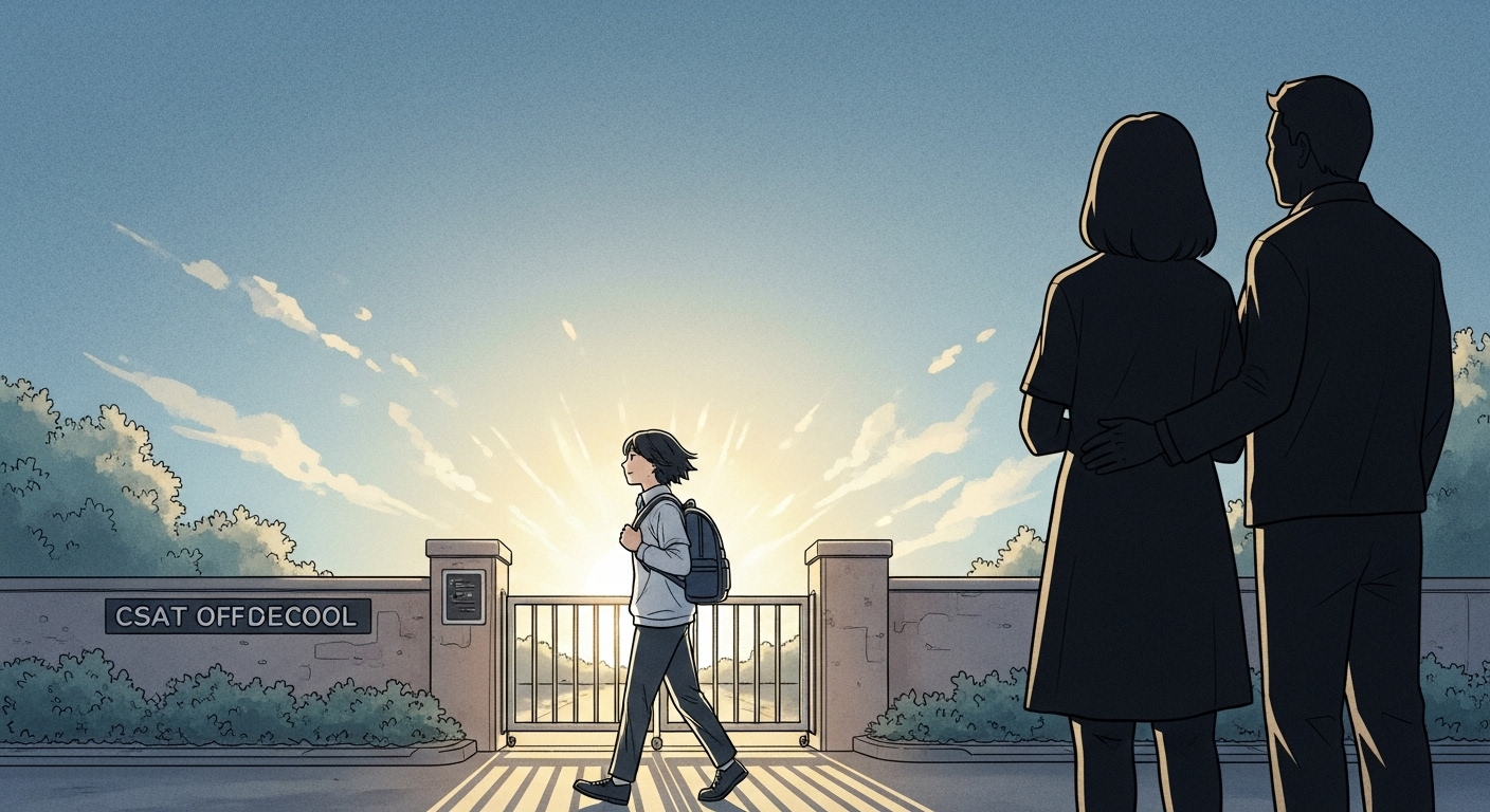 수능 당일 아침, 시험장으로 향하는 수험생이 차분하게 걸어가는 모습