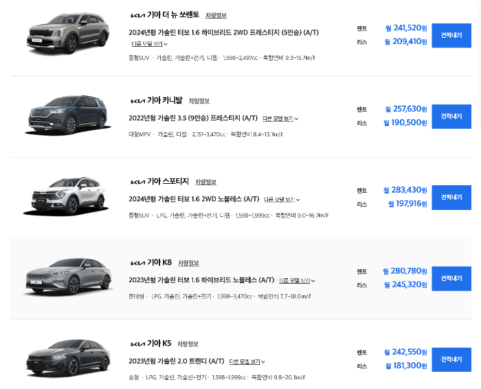 장기렌트카 가격표