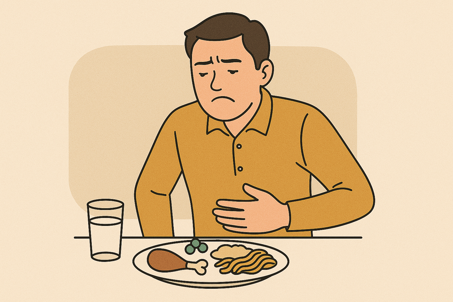 과식 후 복통을 호소하며 배를 부여잡고 있는 남성