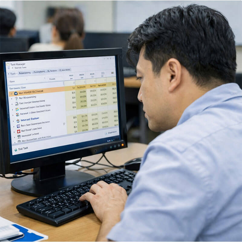 컴퓨터 화면에서 작업 관리자를 열어 응답 없는 프로그램을 확인하며 멈춤 원인을 점검하는 모습