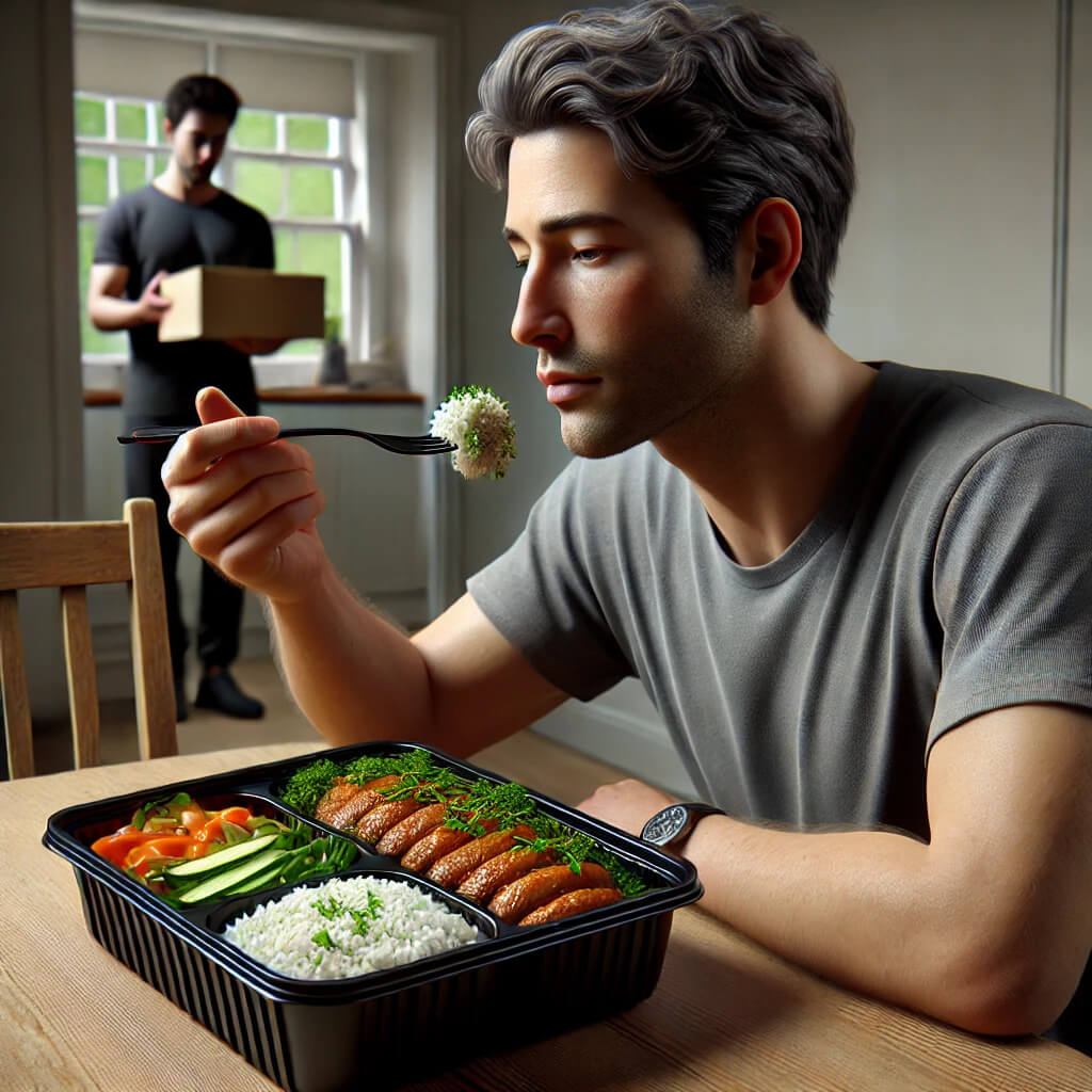 일회용-용기에-배달된-제품을-먹고-있는-남자