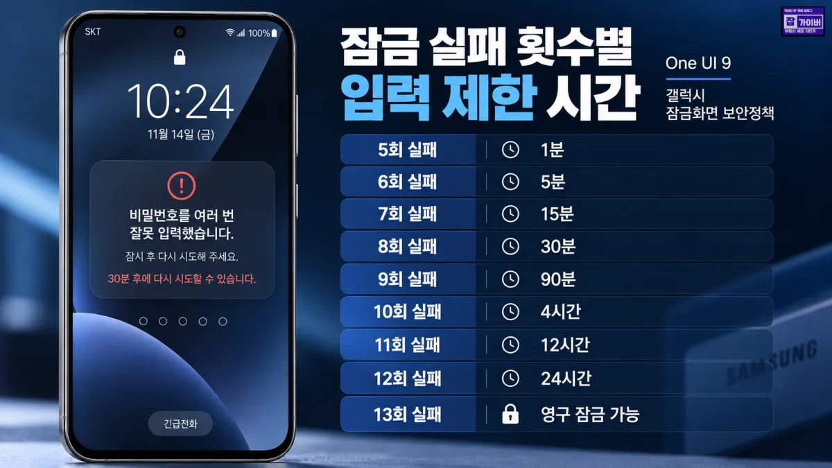 갤럭시 One UI 9 비밀번호 5회부터 13회 실패까지 대기시간 및 영구잠금 비교표
