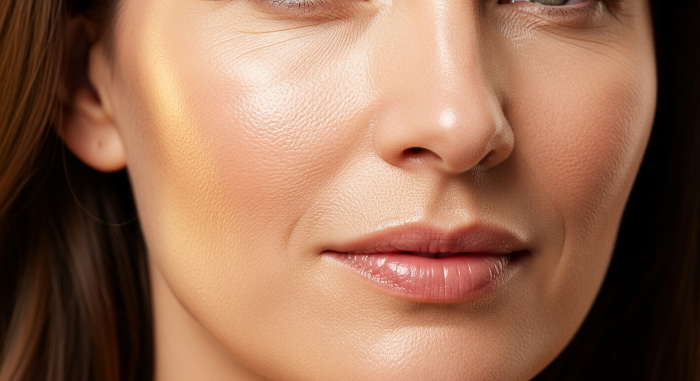 잔주름이 줄어들고 탄력이 개선되어 윤기 나는 여성의 피부 클로즈업 이미지.