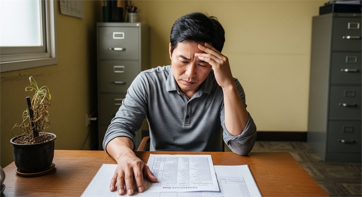 중소기업 운영자가 인력 계획을 고민하는 사무실 장면 