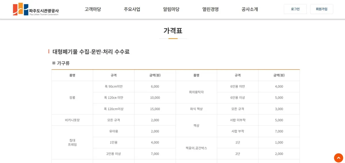 대형폐기물-가격표가-적혀져-있는-사이트화면