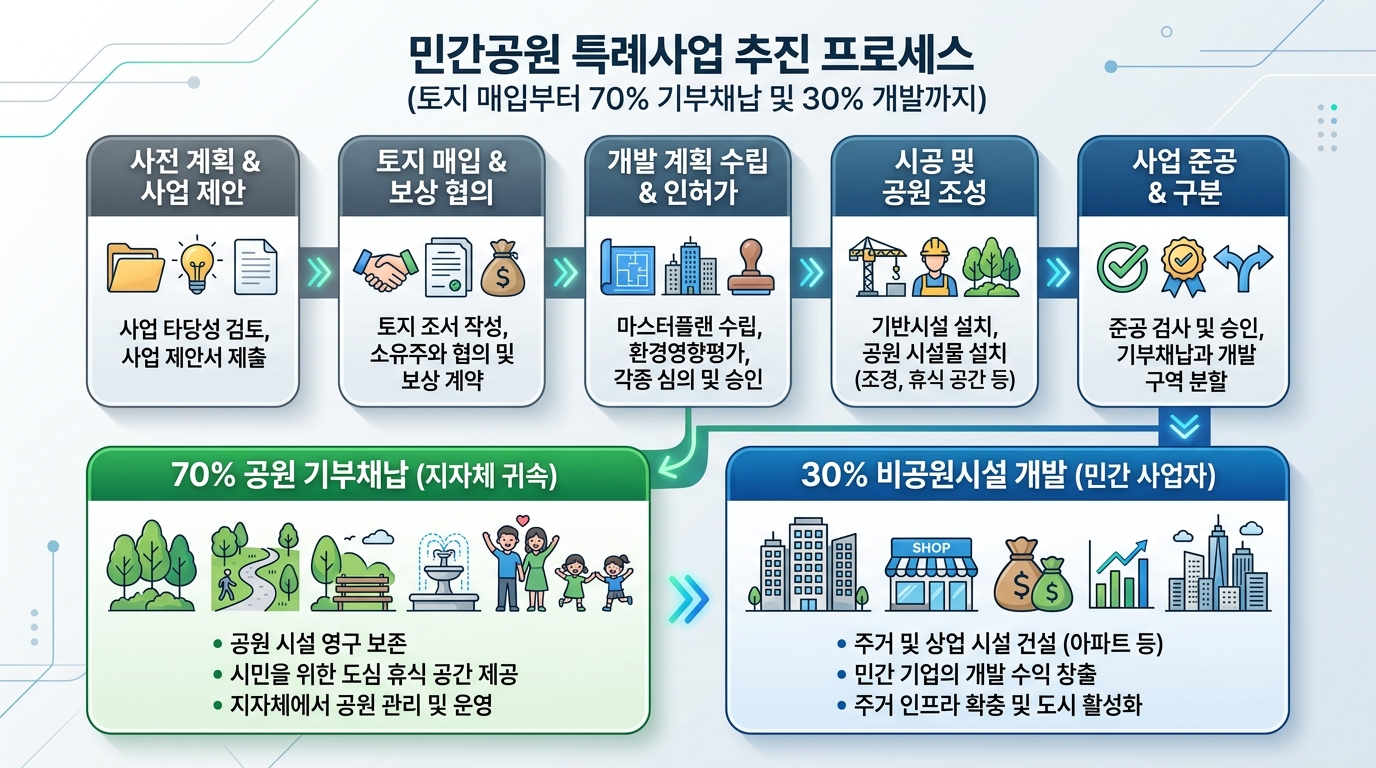 A professional flow chart showing the process of Private Park Special Project: from Land Acquisition to 70% Donation and 30% Development. Clean business icons, corporate style.