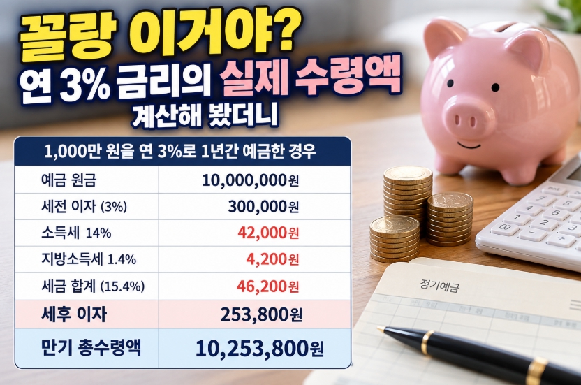 연 3% 금리로 1,000만 원을 1년간 예금했을 때 세전 이자와 세금, 세후 이자 및 만기 총수령액을 비교한 예금 이자 계산표