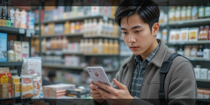 스마트폰으로 택배비 지원 공고를 읽고 있는 남성 소상공인