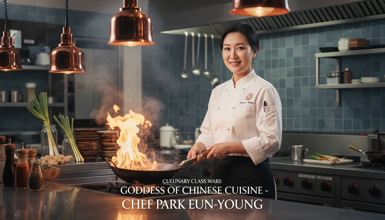 모던한 주방에서 웍을 들고 자신감 있게 미소 짓는 흑백요리사 중식 여신 박은영 셰프의 모습