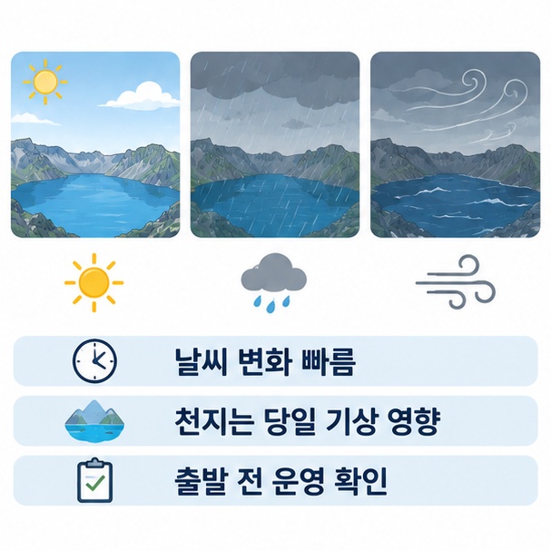 같은 백두산 천지가 맑은 날과 구름·비·강풍이 있는 날에 다르게 보이는 모습을 비교한 그림