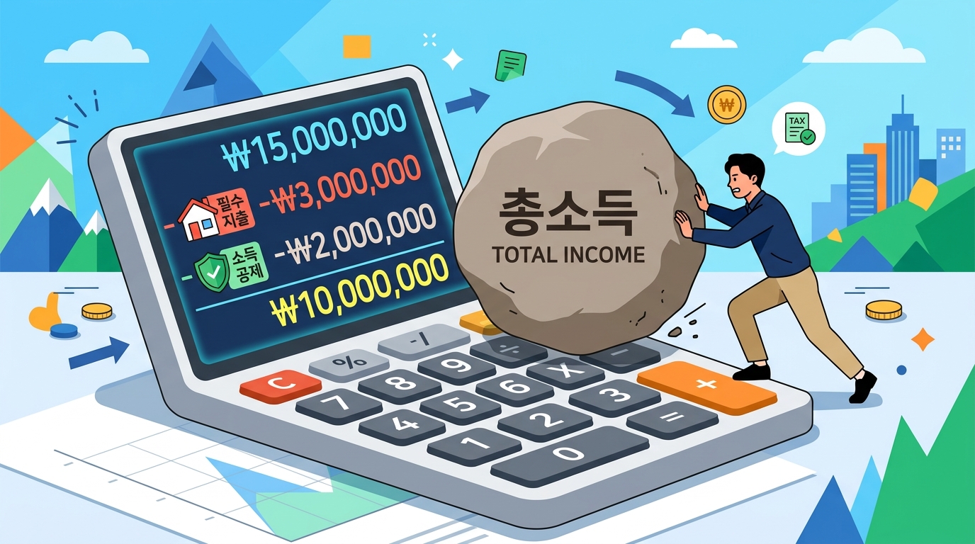 종합소득세 계산법 공식에 따라 소득에서 각종 공제가 차감되는 과정을 시각화한 일러스트