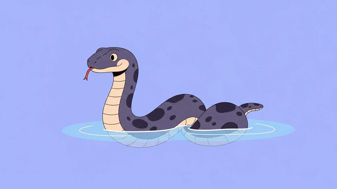 맑은 연못에서 우아하게 헤엄치며 통찰력을 보여주는 뱀 캐릭터의 2D 플랫 벡터 일러스트