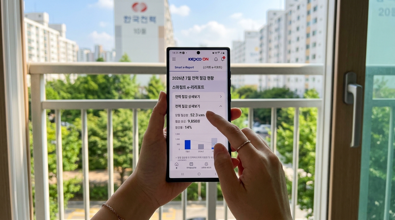 한전ON 앱의 스마트 리포트 메뉴에서 실시간 캐시백 혜택 내역을 확인하는 화면.
