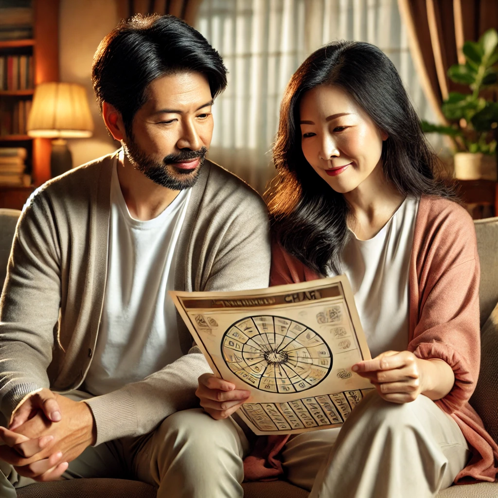 40대 초반의 한국 부부가 집 소파에 함께 앉아 인쇄된 점성술 차트를 검토하며 호기심과 몰입된 표정을 짓고 있는 모습, 따뜻하고 아늑한 거실 환경