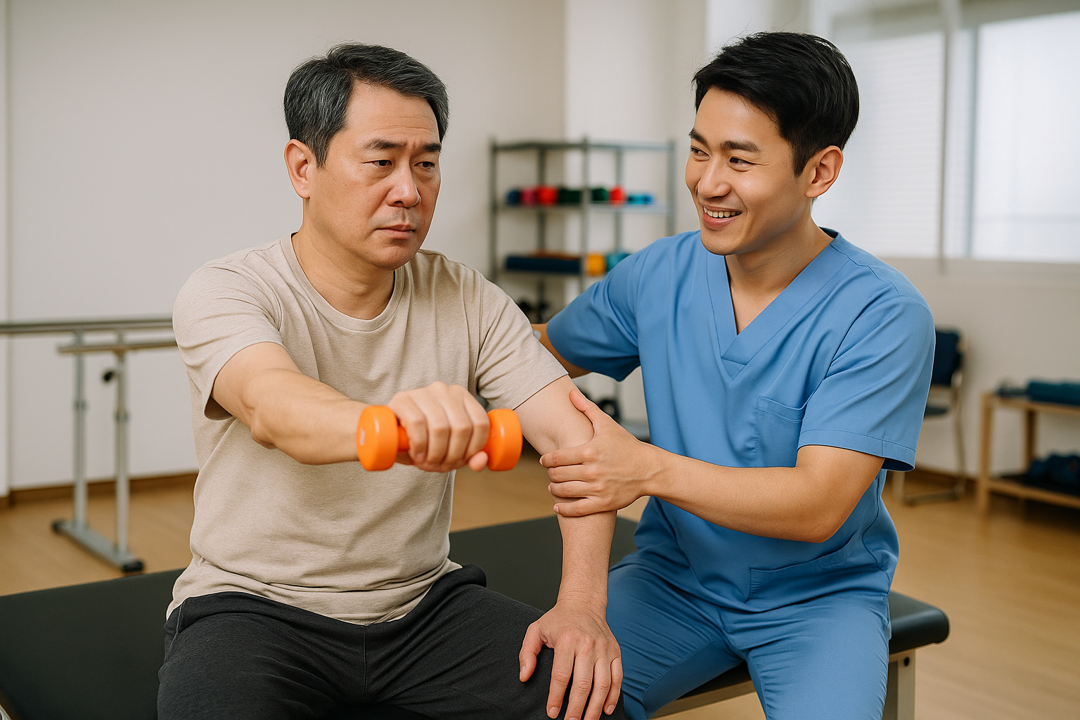 물리치료사에게 재활운동을 받고 있는 남성 환자 모습