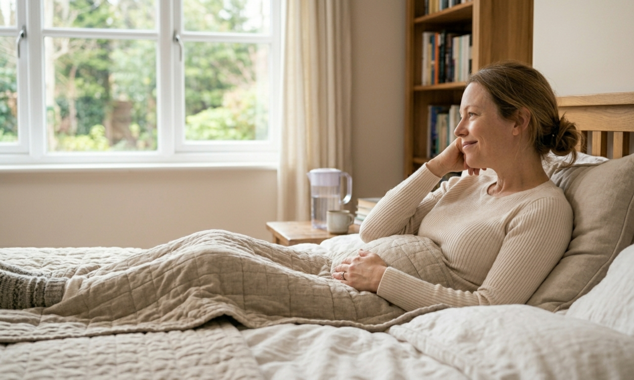 시험관 이식후 집에서 편안하게 쉬고있는 여성사진
