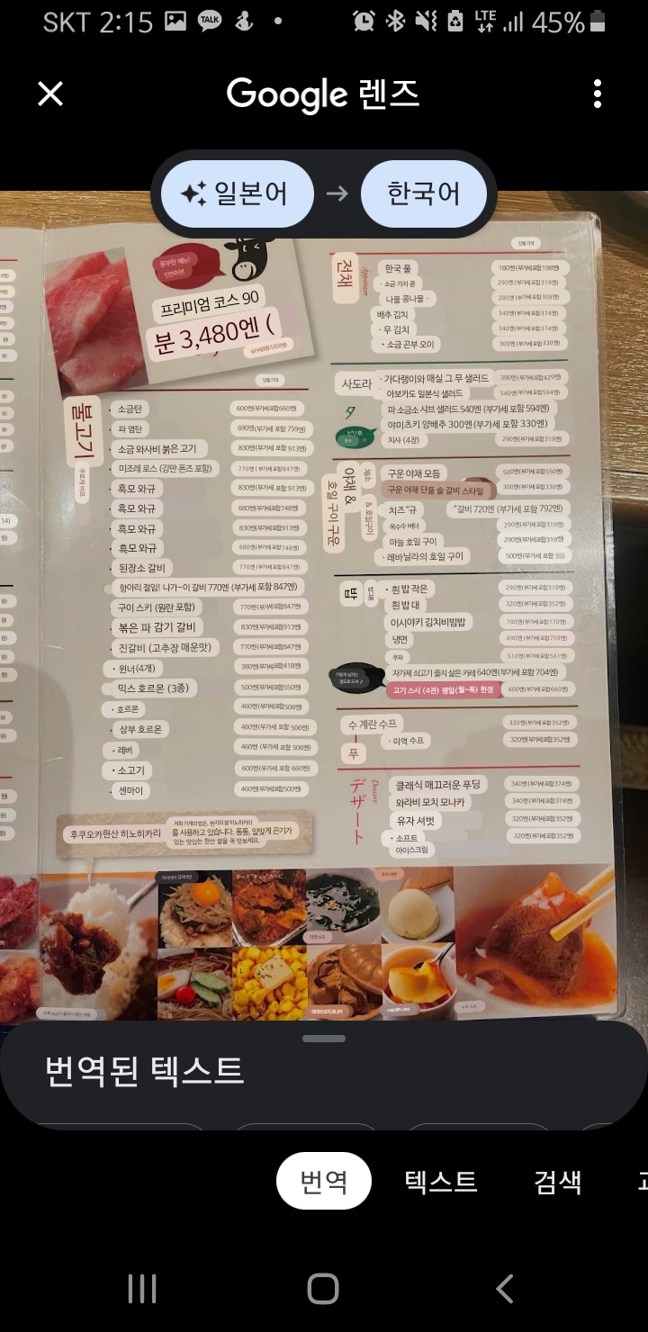 소고기 메뉴 한국어로 번역한 내역