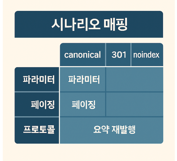 시나리오 매핑&mdash;파라미터/페이징/프로토콜/요약 재발행의 canonical/301/noindex 선택표