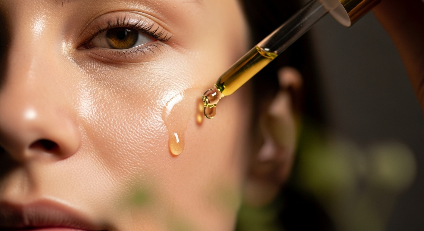 한 방울의 대마 종자유를 피부에 바르는 여성의 손, 건강하고 윤기 있는 피부를 표현.