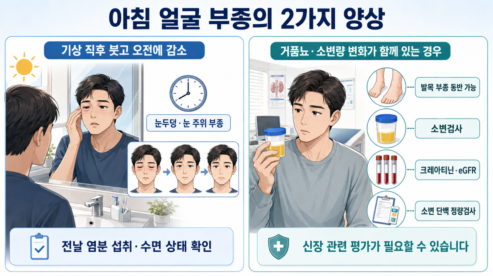아침에 붓고 오전에 감소하는 얼굴 부종과 거품뇨&middot;소변량 변화 동반 양상 비교