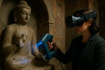 고대 석불 앞에서 VR 기기와 3D 스캐너를 활용해 문화유산을 디지털로 기록 중인 연구원.